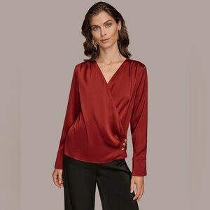 NWT Donna Karan Women's Long Sleeve Faux Wrap Top. Medium. Red. Retail $109